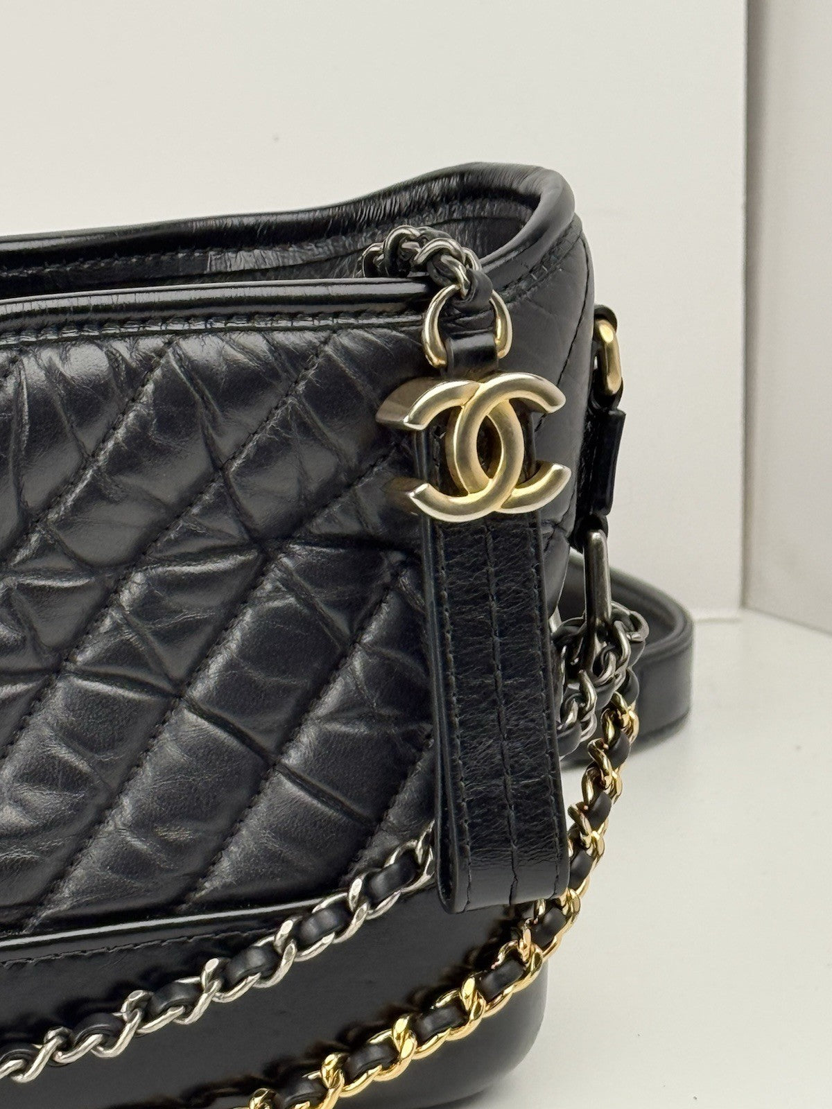 Chanel Gabrielle Aged Calfskin Quilted Small Hobo Black Shoulder Bag