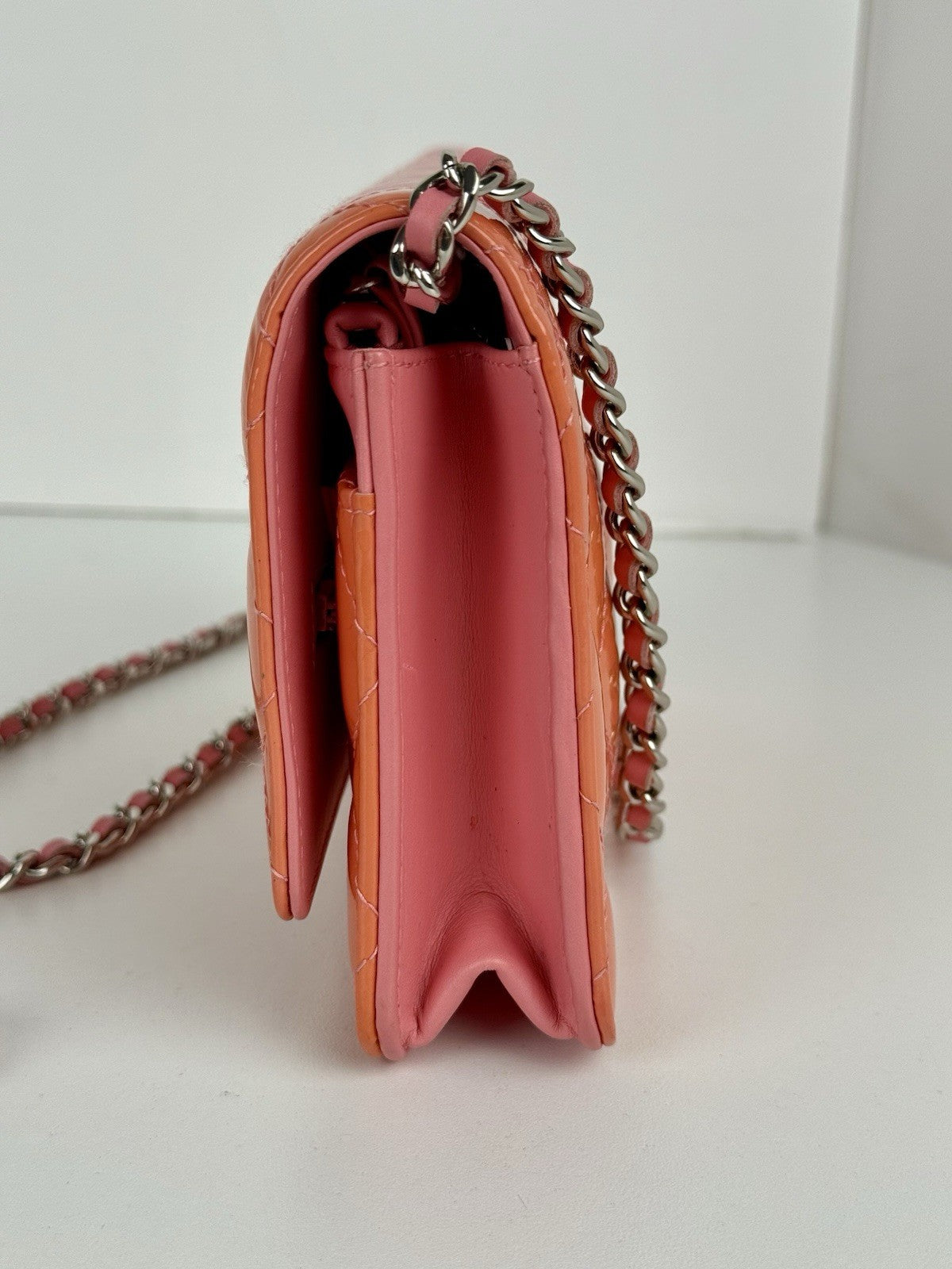Chanel Wallet On Chain Quilted Patent Coral Pink Leather Crossbody Bag