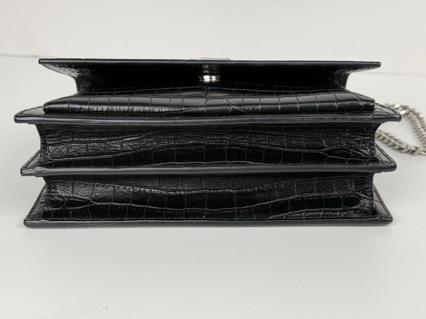 Saint Laurent Sunset Black Croc Leather Medium Chain Shoulder Bag