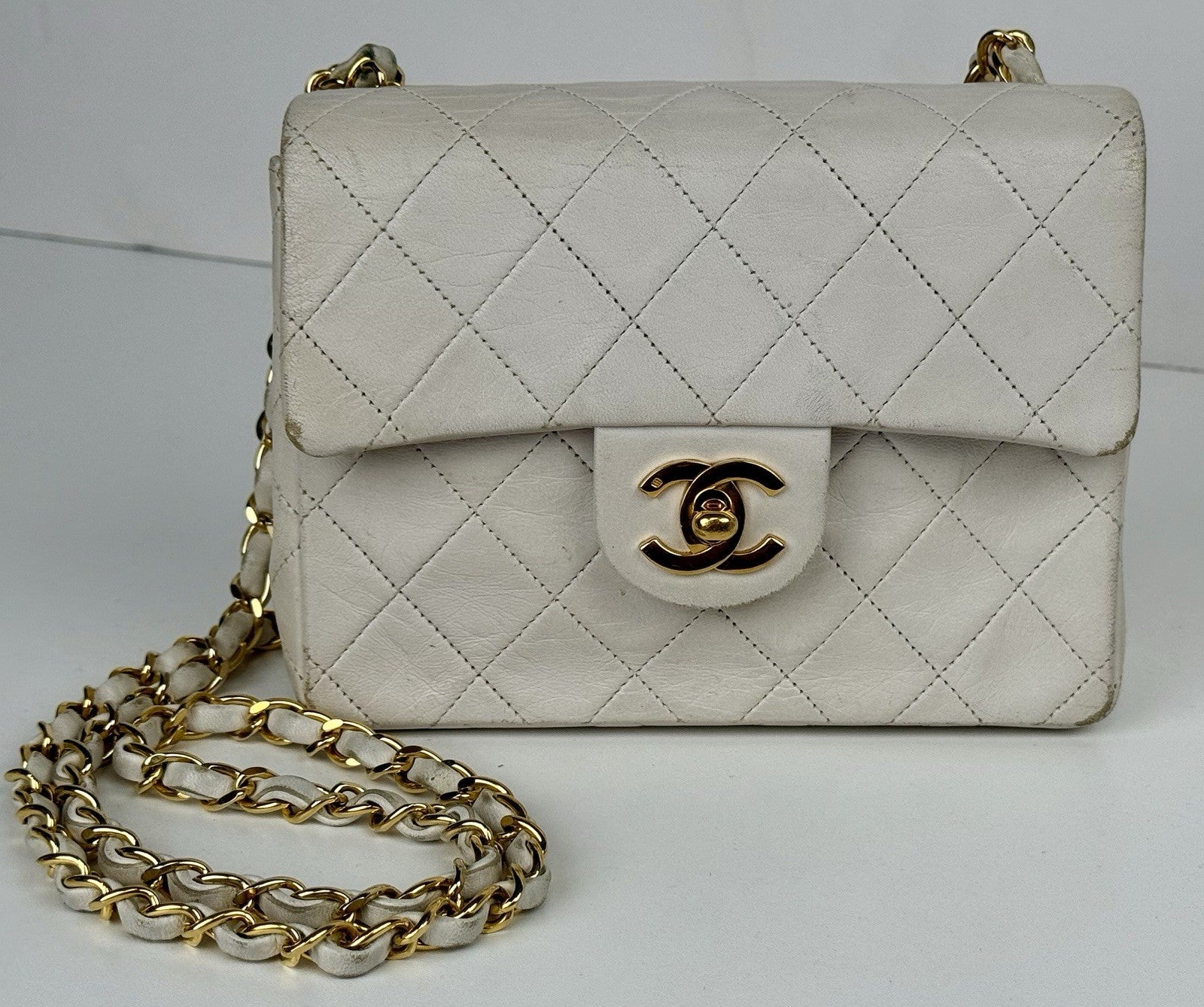 Chanel Mini Square Flap Bag White Lambskin Gold Hardware Vintage Bag