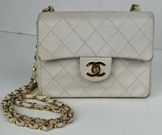 Chanel Mini Square Flap Bag White Lambskin Gold Hardware Vintage Bag