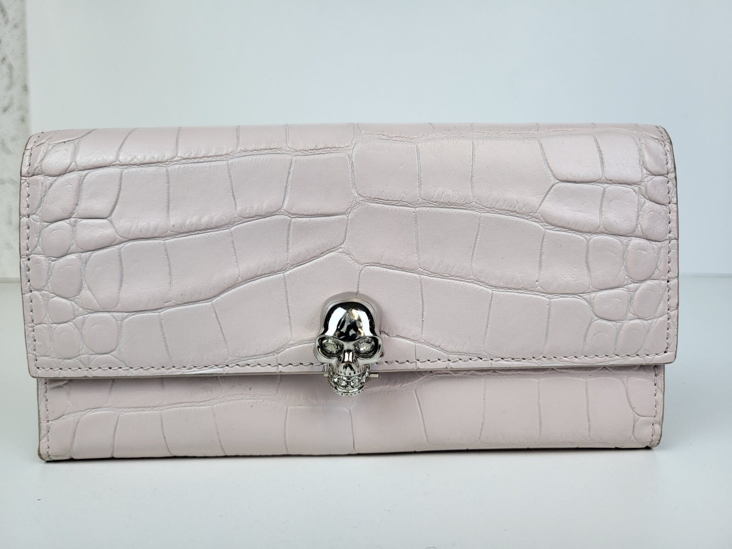 Alexander McQueen Rhinestone Skull Croco embossed Long Wallet Leather pink