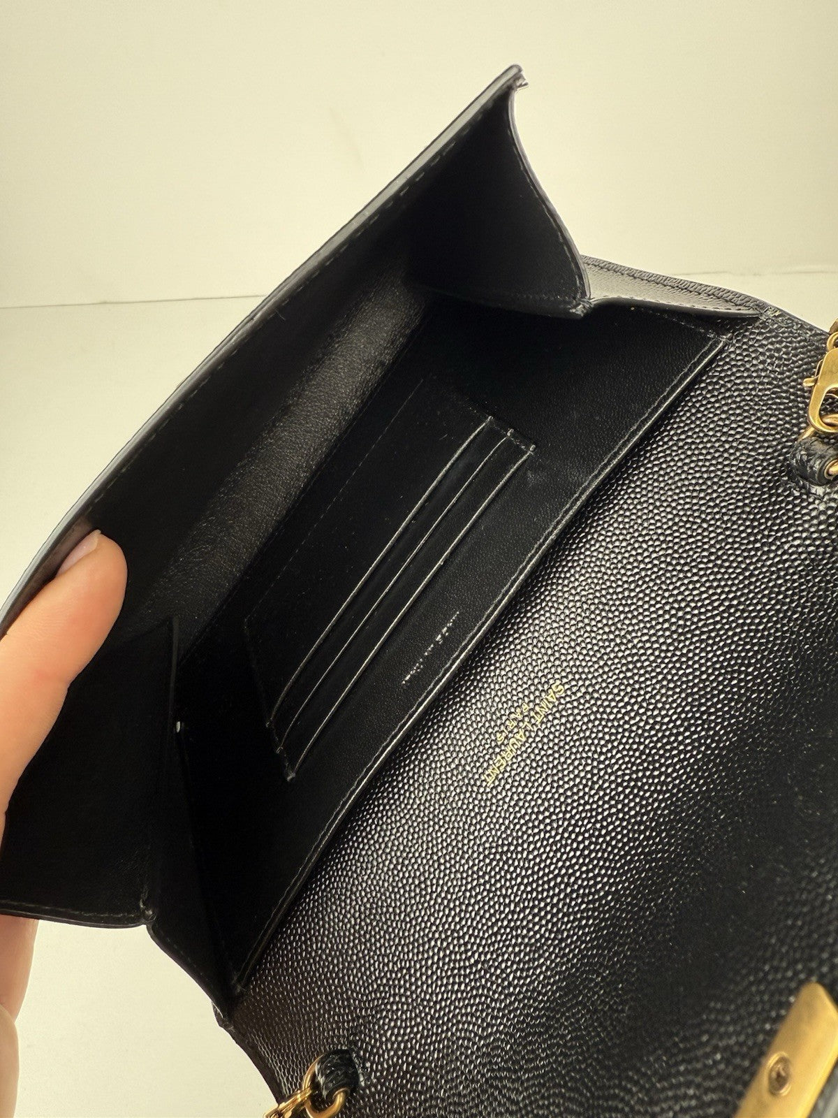 Saint Laurent Cassandra Wallet on Chain Grained Black Leather Crossbody Bag