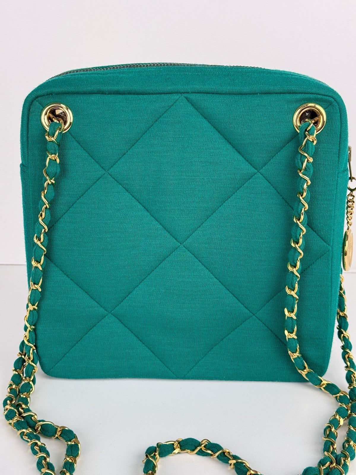 Chanel Bag Coco Jersey Quilted Teal Fabric Chain Strap Vintage