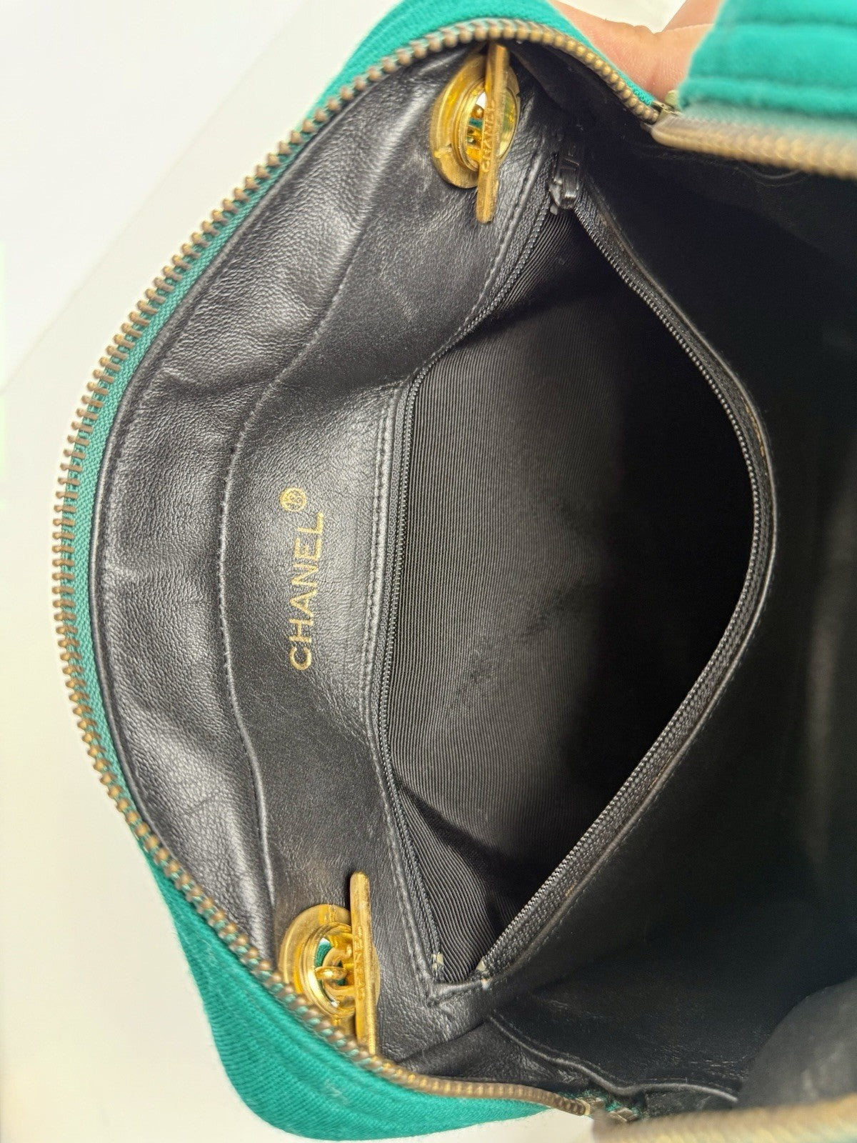 Chanel Bag Coco Jersey Quilted Teal Fabric Chain Strap Vintage