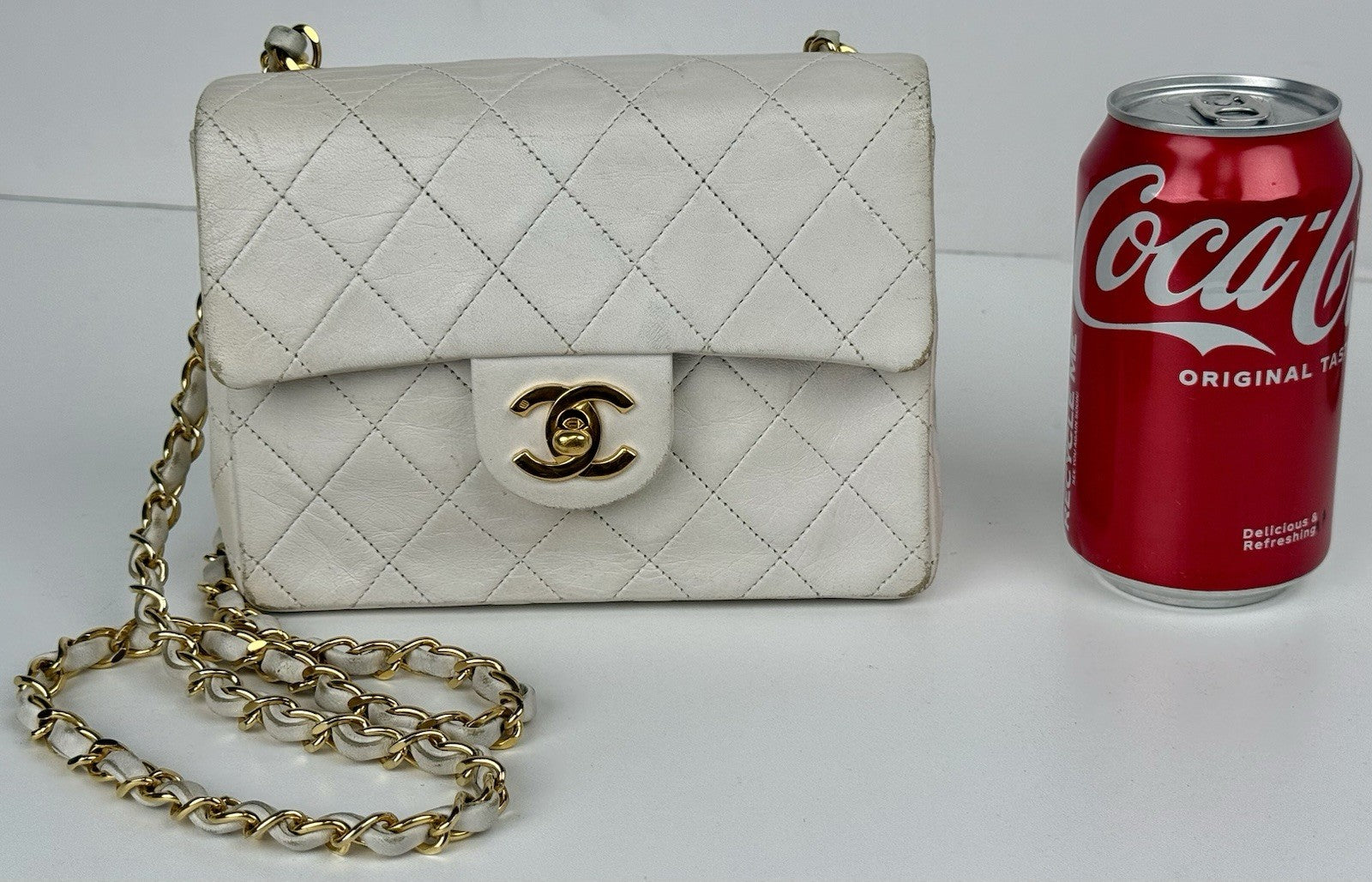 Chanel Mini Square Flap Bag White Lambskin Gold Hardware Vintage Bag