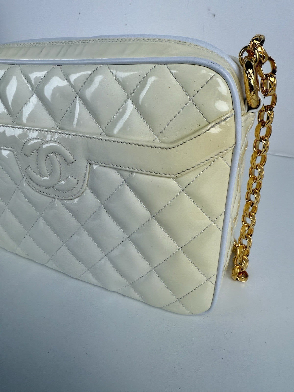 Chanel  Quilted Patent Cream Leather Camera Bag