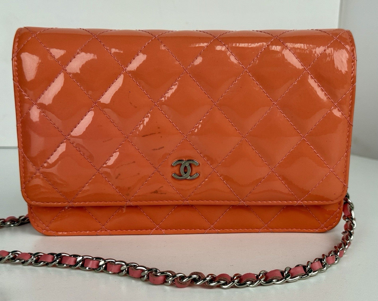 Chanel Wallet On Chain Quilted Patent Coral Pink Leather Crossbody Bag