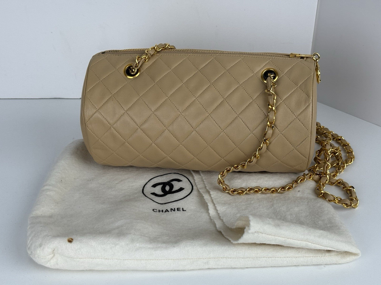 Chanel Tube Bag Quilted Round Beige Leather Shoulder Purse Gold Tone