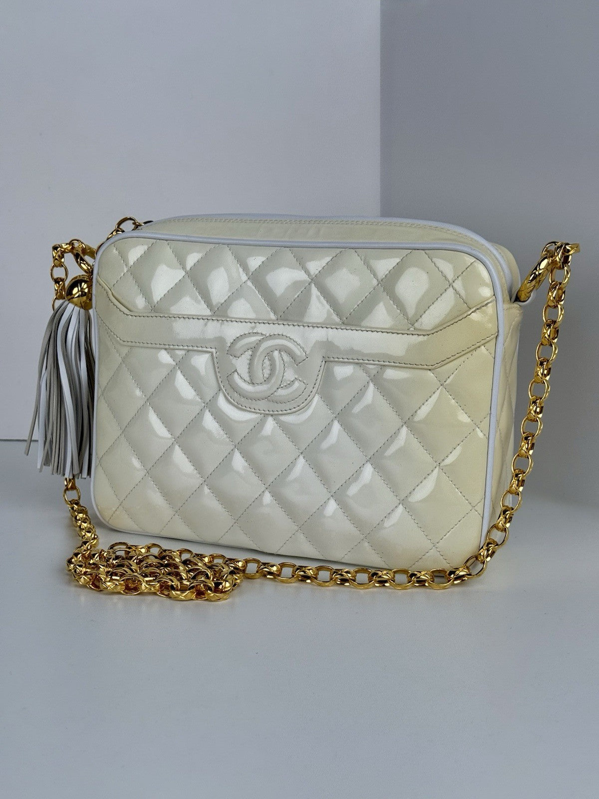 Chanel  Quilted Patent Cream Leather Camera Bag