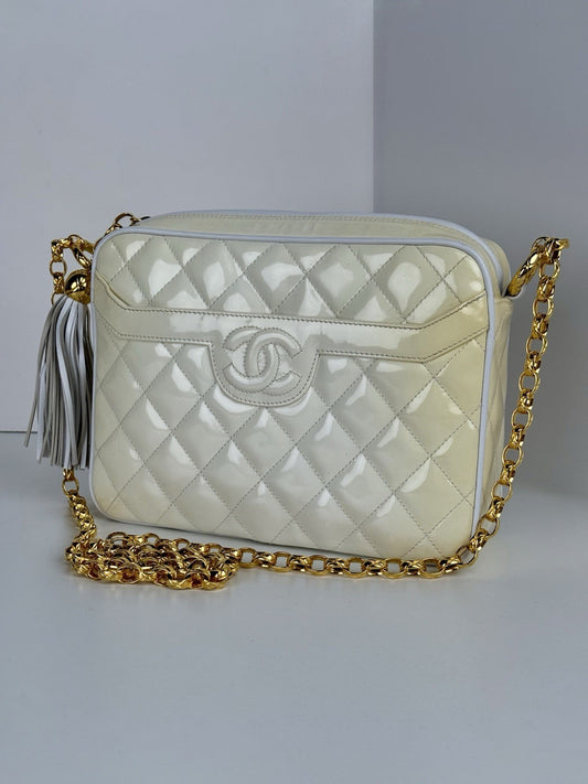 Chanel  Quilted Patent Cream Leather Camera Bag