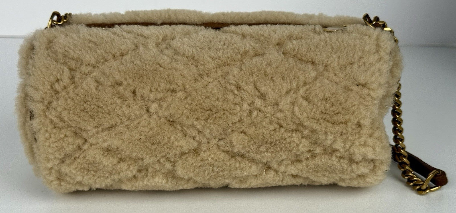 Yves Saint Laurent Small Sade Beige Quilted Genuine Shearling Tube Bag