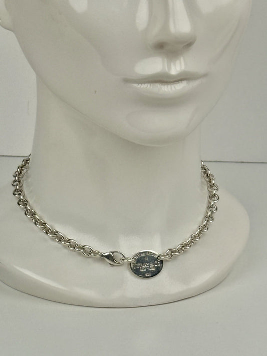 Tiffany & Co Sterling Silver Oval Choker Tag Necklace 15.5"