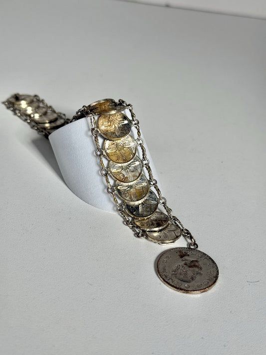 Vintage Estate Silver Tone MEXICAN COIN BRACELET 1960 CENTAVO COINS