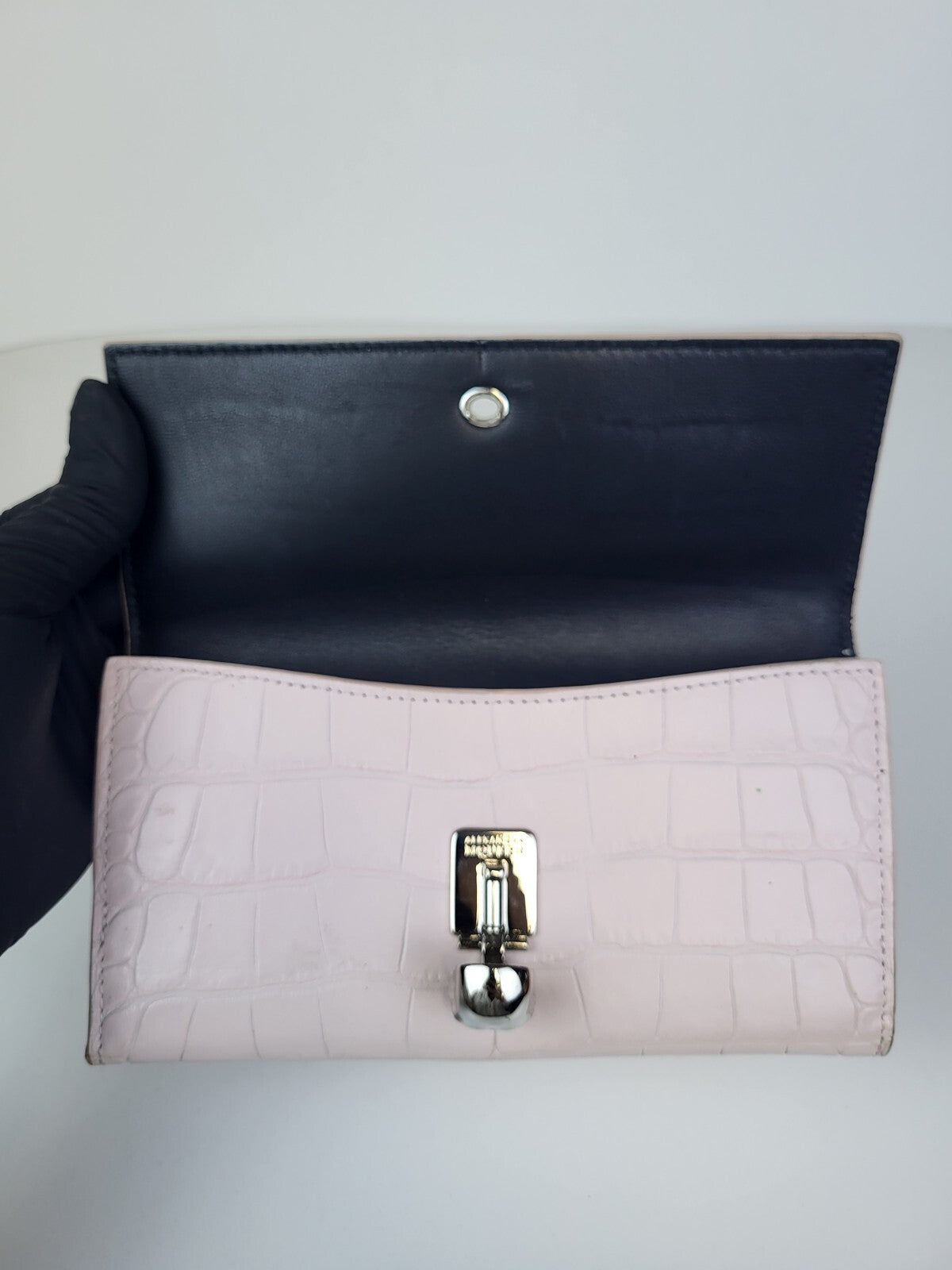 Alexander McQueen Rhinestone Skull Croco embossed Long Wallet Leather pink