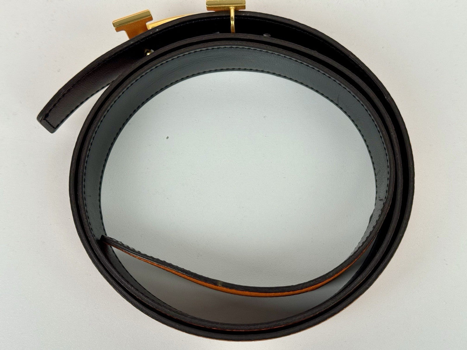 Hermes Reversable Leather Belt With Gold Buckle