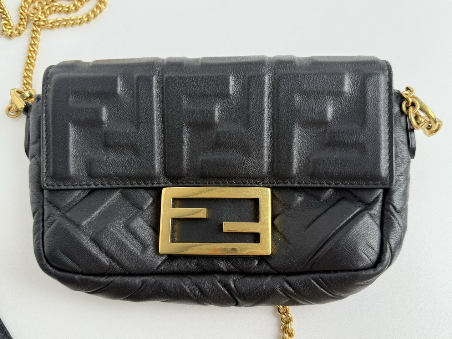 Fendi Mini Zucca Embossed Black Leather Baguette Satchel