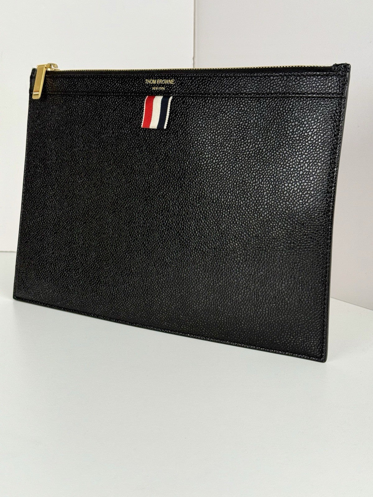 Thom Browne Logo Printed Zipped Clutch Black Caviar Leather Bag