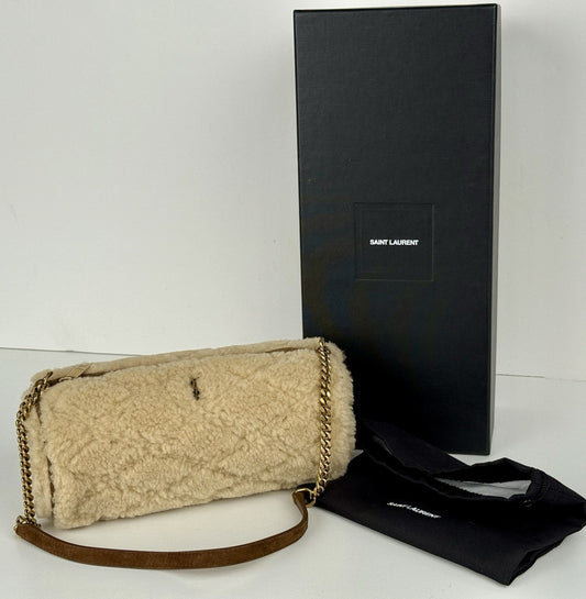Yves Saint Laurent Small Sade Beige Quilted Genuine Shearling Tube Bag