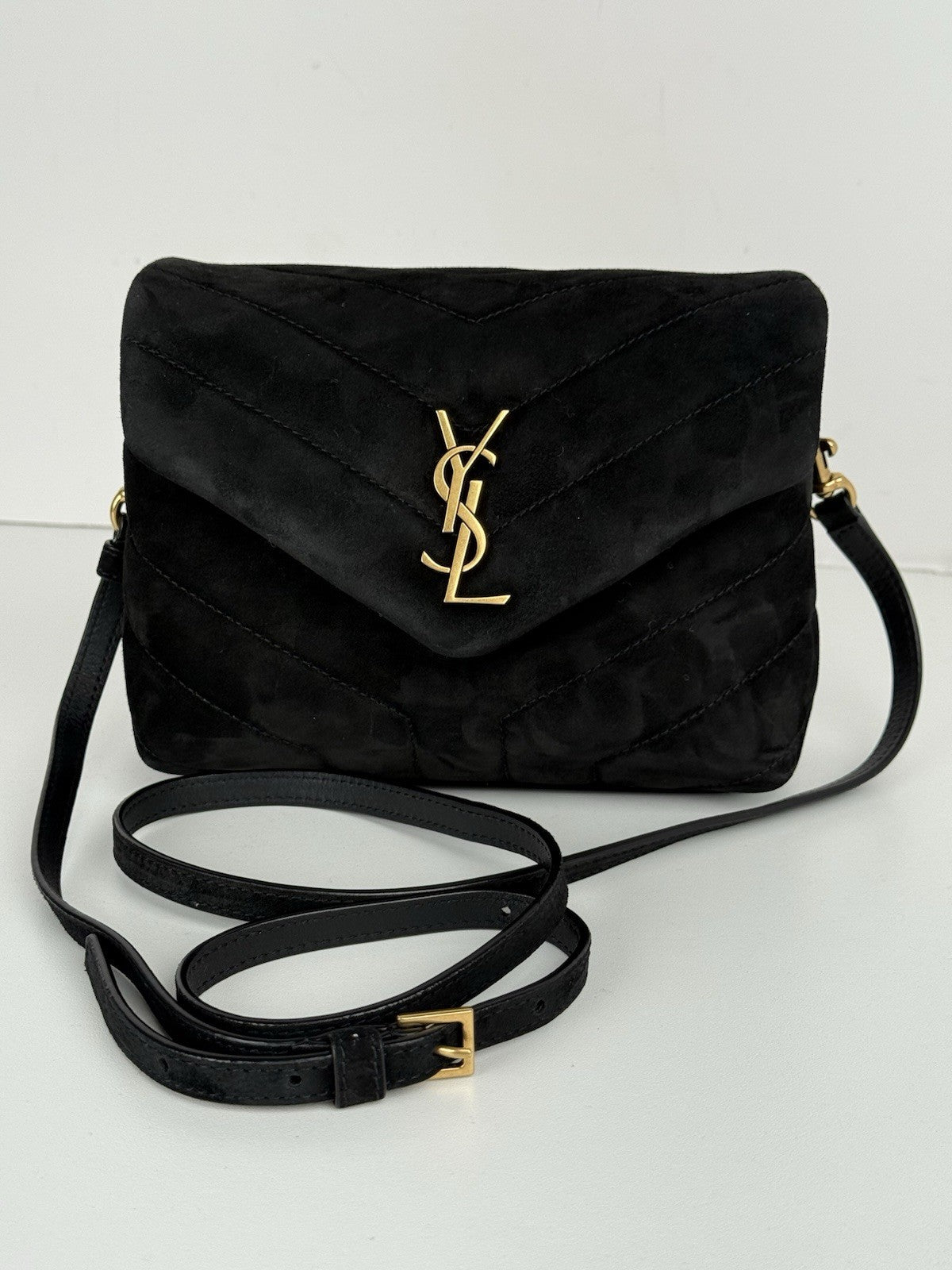 Saint Laurent Toy LouLou Shoulder Bag Matelasse Chevron Black Suede  Bag