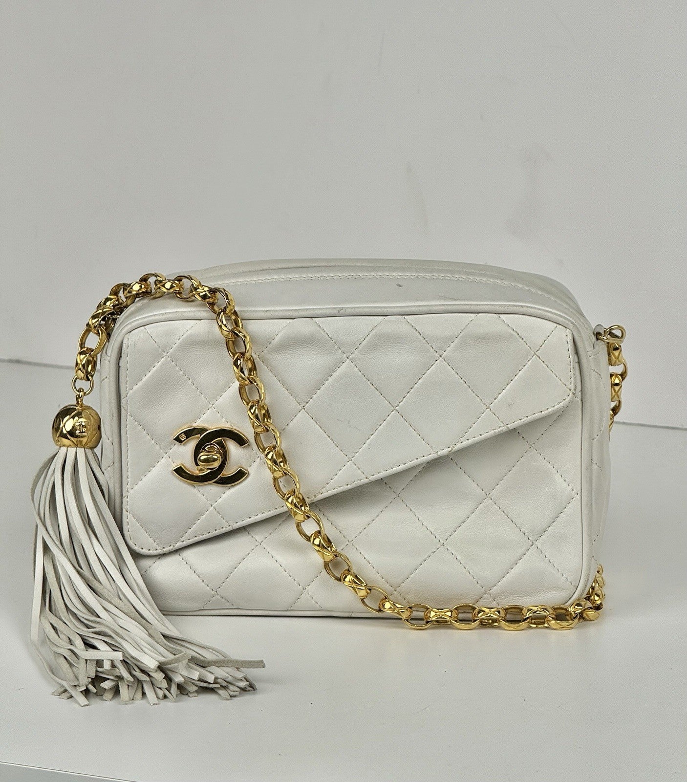 Chanel Lambskin Quilted Tassel Camera Case White Bag