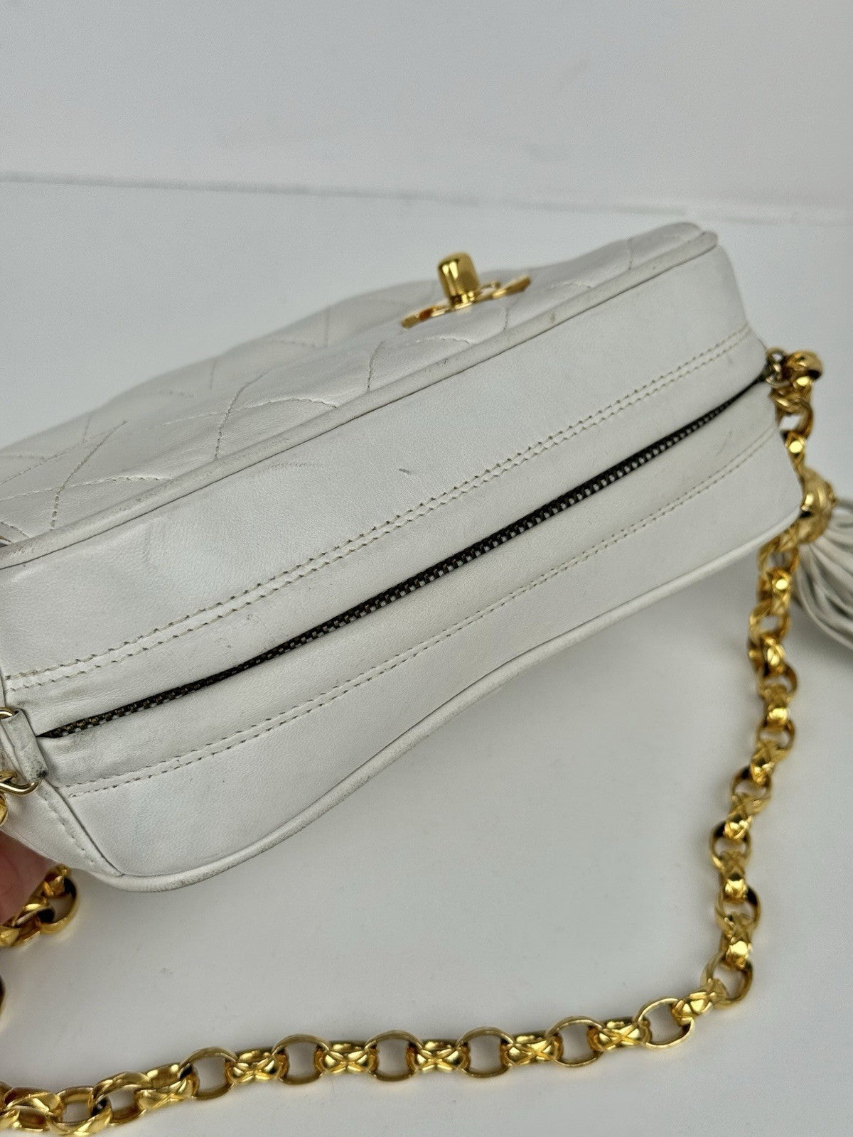 Chanel Lambskin Quilted Tassel Camera Case White Bag