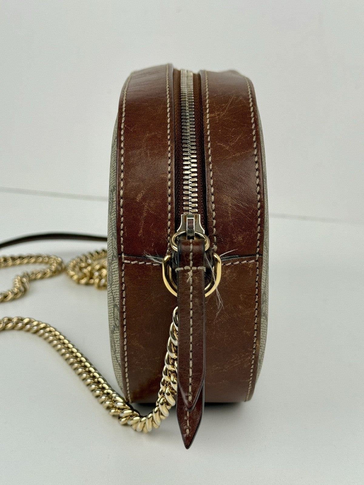 Gucci GG Supreme Monogram Cuoio Toscano Mini Chain Shoulder Bag Beige Ebony Cuir