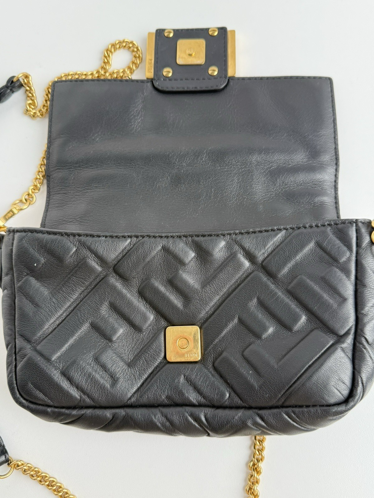 Fendi Mini Zucca Embossed Black Leather Baguette Satchel