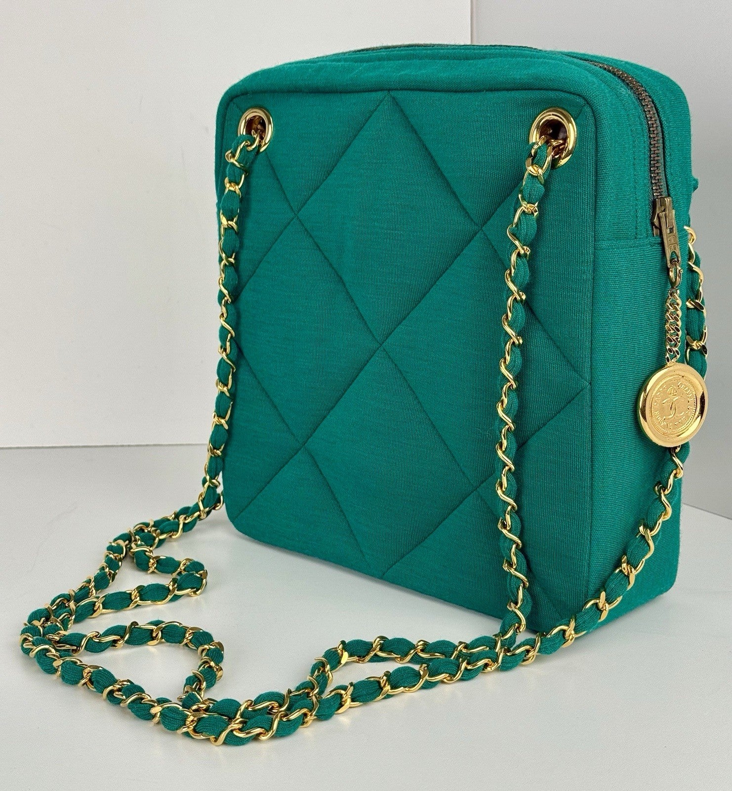 Chanel Bag Coco Jersey Quilted Teal Fabric Chain Strap Vintage