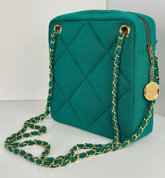 Chanel Bag Coco Jersey Quilted Teal Fabric Chain Strap Vintage