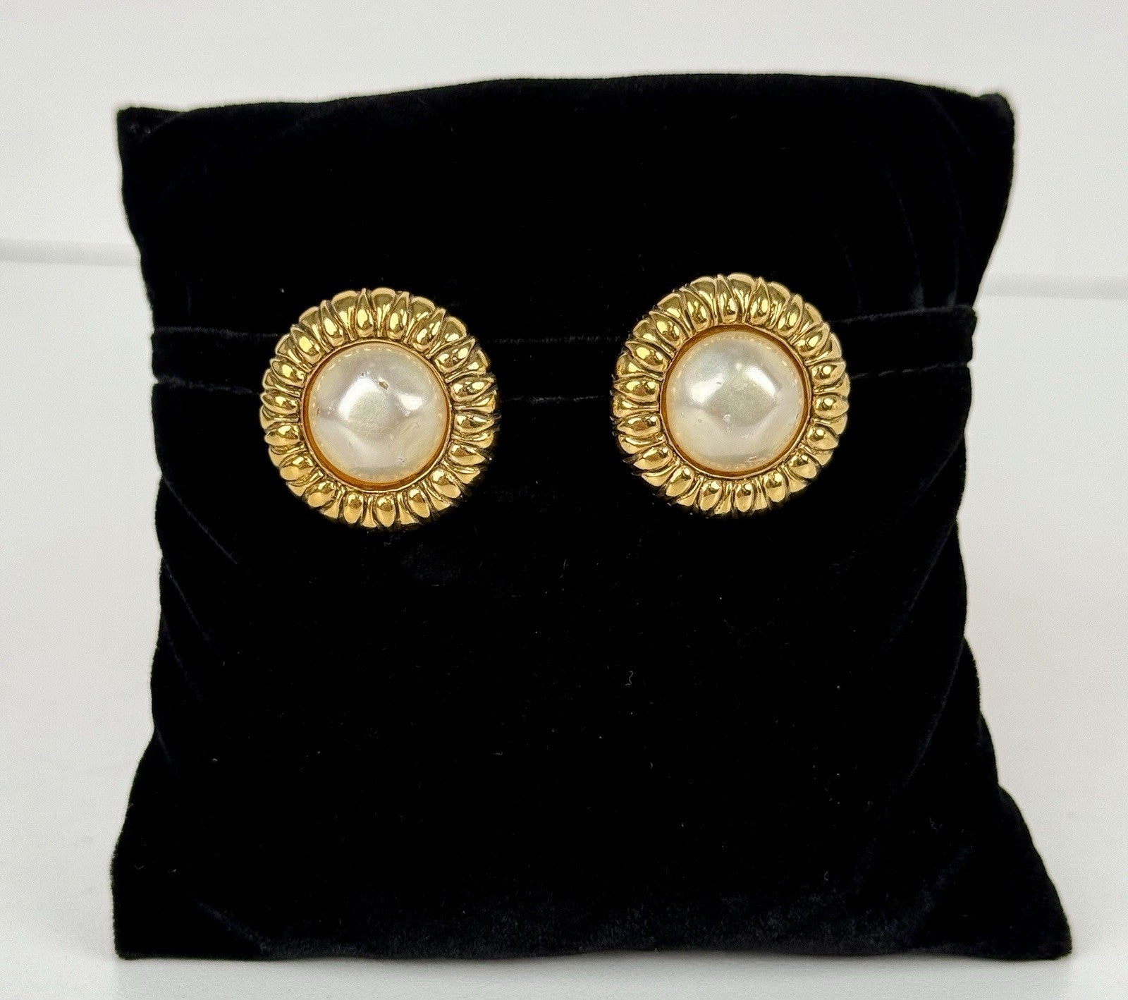 CHANEL FAUX PEARL Clip Earrings Gold Plated