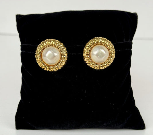 CHANEL FAUX PEARL Clip Earrings Gold Plated
