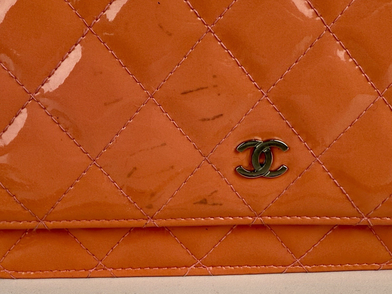 Chanel Wallet On Chain Quilted Patent Coral Pink Leather Crossbody Bag
