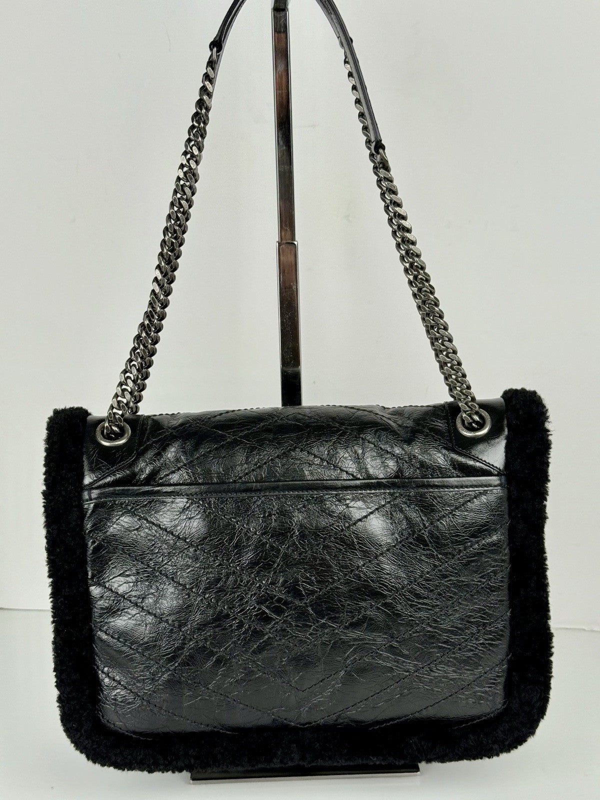 SAINT LAURENT Niki Shearling Black Shoulder Bag