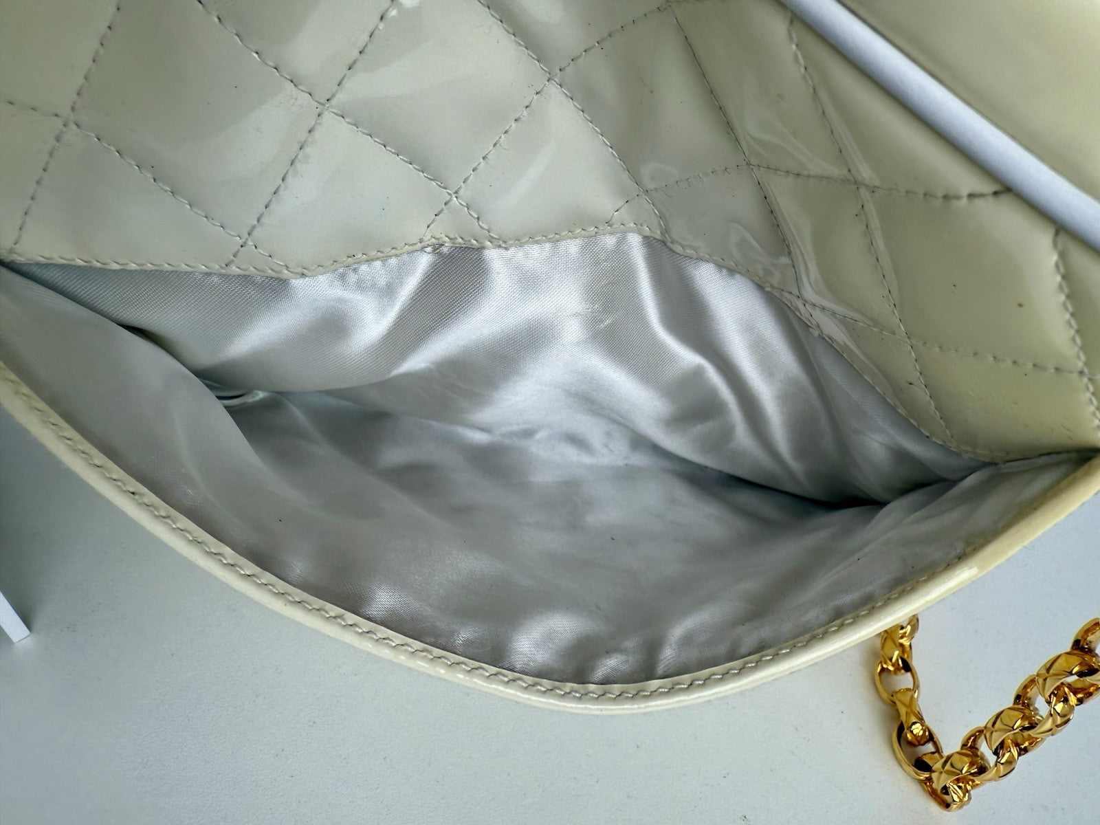 Chanel  Quilted Patent Cream Leather Camera Bag