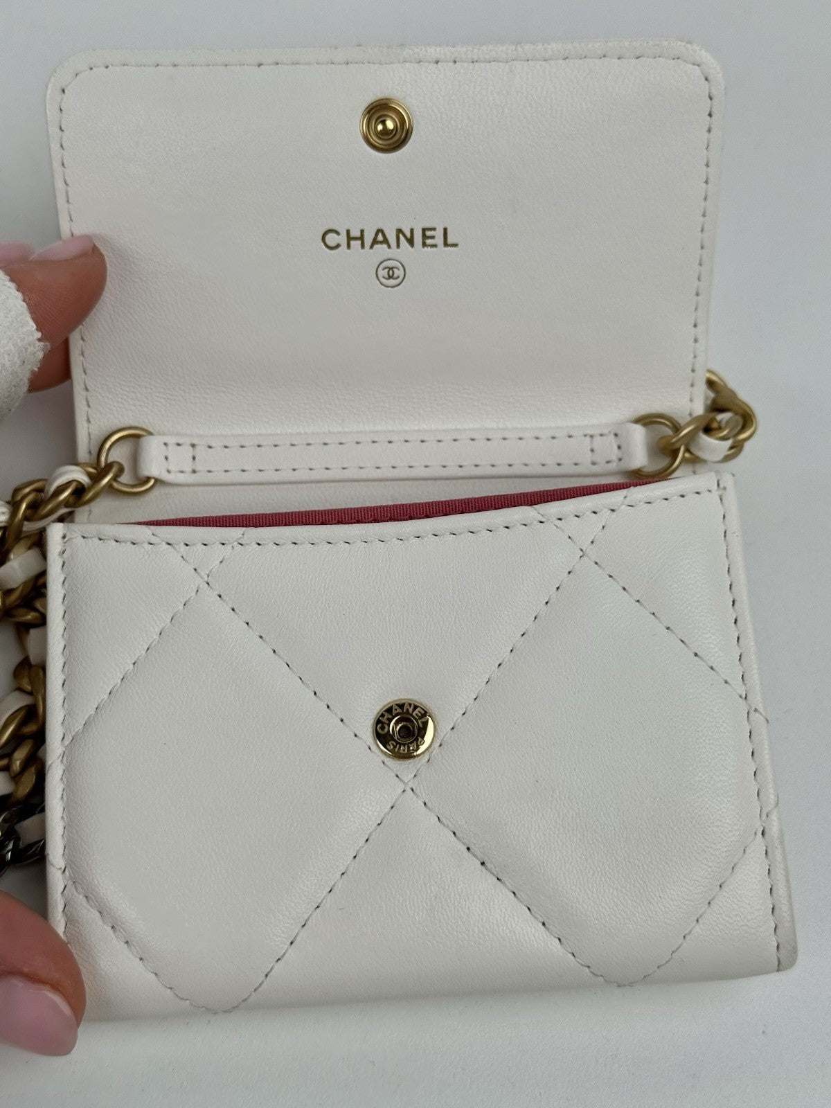 Chanel Lambskin Quilted Chanel 19 Flap Coin Purse With Chain White