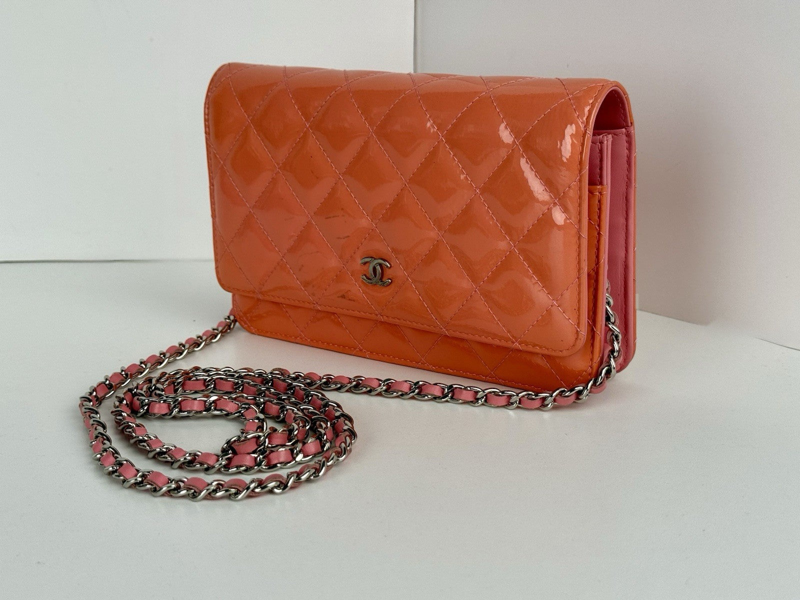 Chanel Wallet On Chain Quilted Patent Coral Pink Leather Crossbody Bag