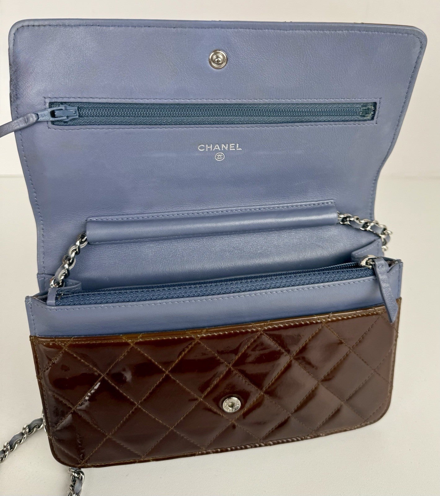 Chanel Patent Quilted Wallet On Chain WOC Burgundy