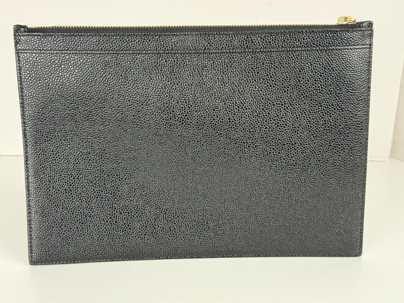 Thom Browne Logo Printed Zipped Clutch Black Caviar Leather Bag