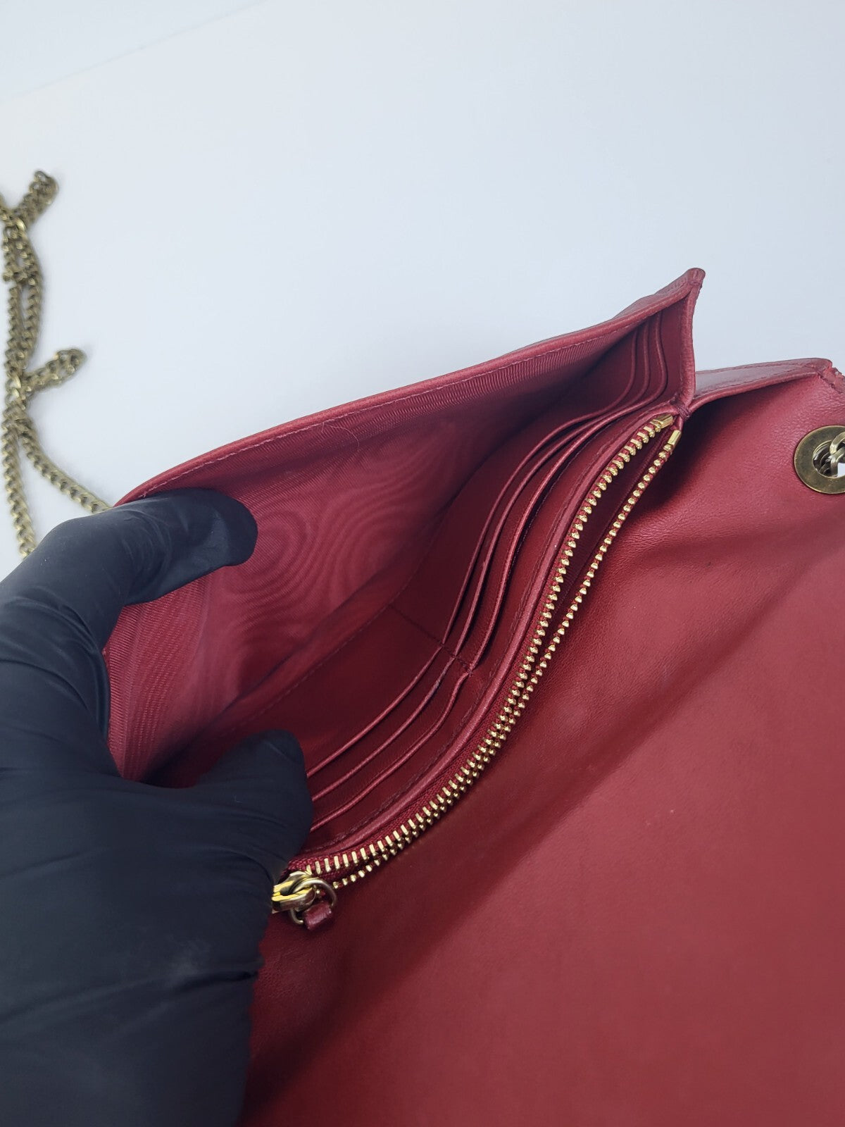 LANVIN Sugar Pearl Chain Strap Crossbody Shoulder Lambskin Wallet Purse - Red