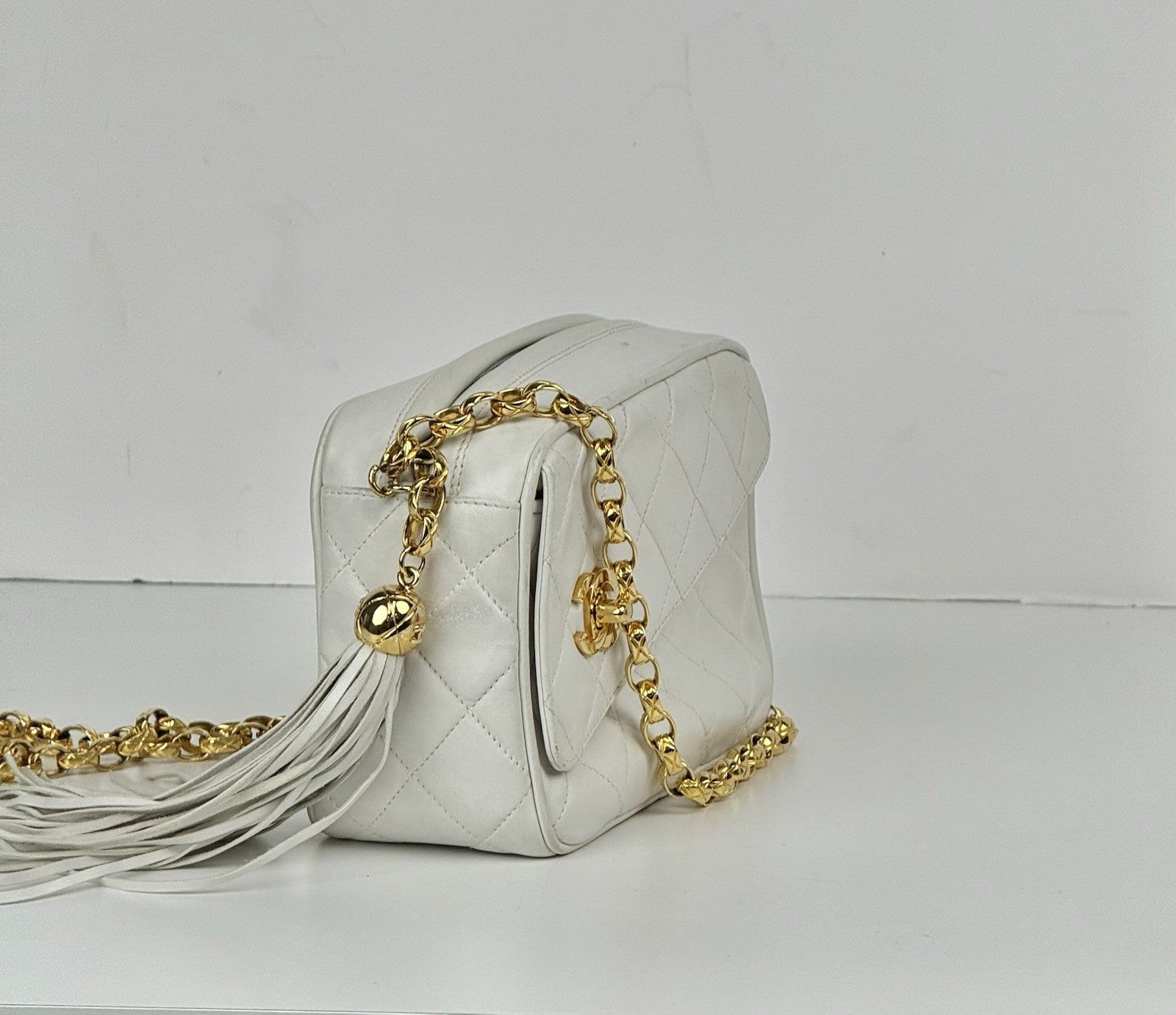 Chanel Lambskin Quilted Tassel Camera Case White Bag