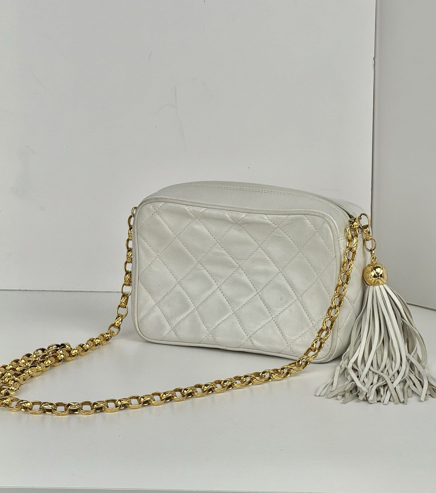 Chanel Lambskin Quilted Tassel Camera Case White Bag