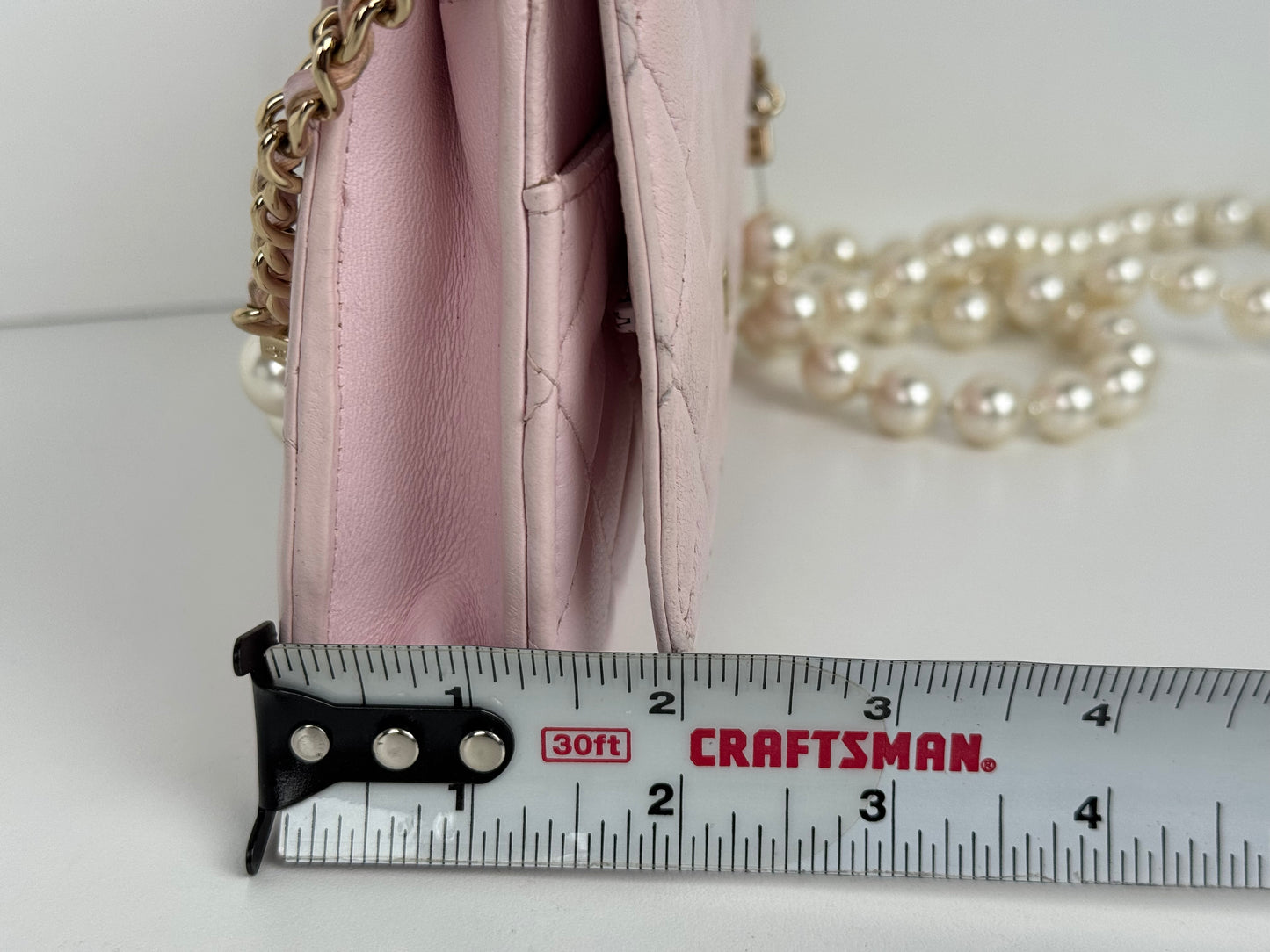 Chanel Pink Quilted Leather Pearl Wallet on Chain With Gold Hardware