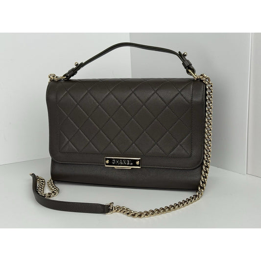 CHANEL CC Chain Shoulder Bag 2 Way Bag Calfskin Khaki Quilted Leather