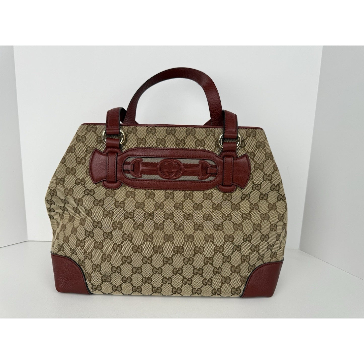 Gucci Red/Beige GG Canvas and Leather Medium Supreme Web Dressage Tote