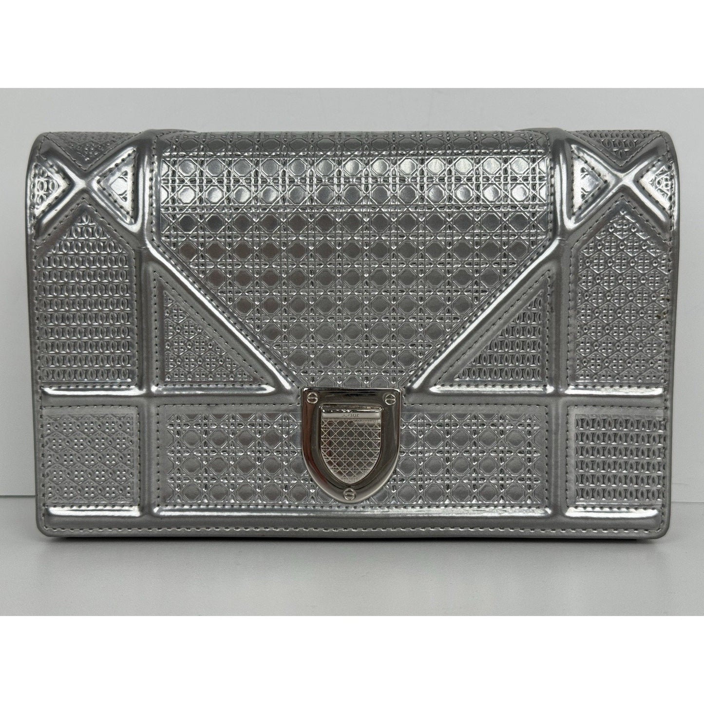 Dior Micro-Cannage Diorama Wallet on Chain Pouch Metallic Silver Patent Leather
