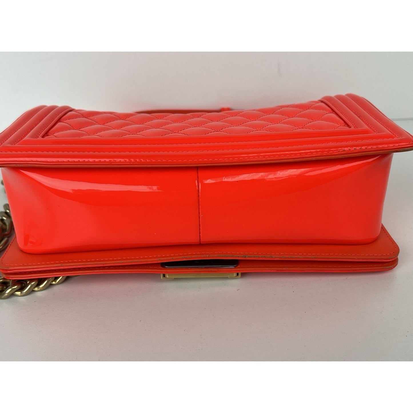 CHANEL Patent Quilted Medium Boy Flap Orange Shoulder Bag (2015-2016)