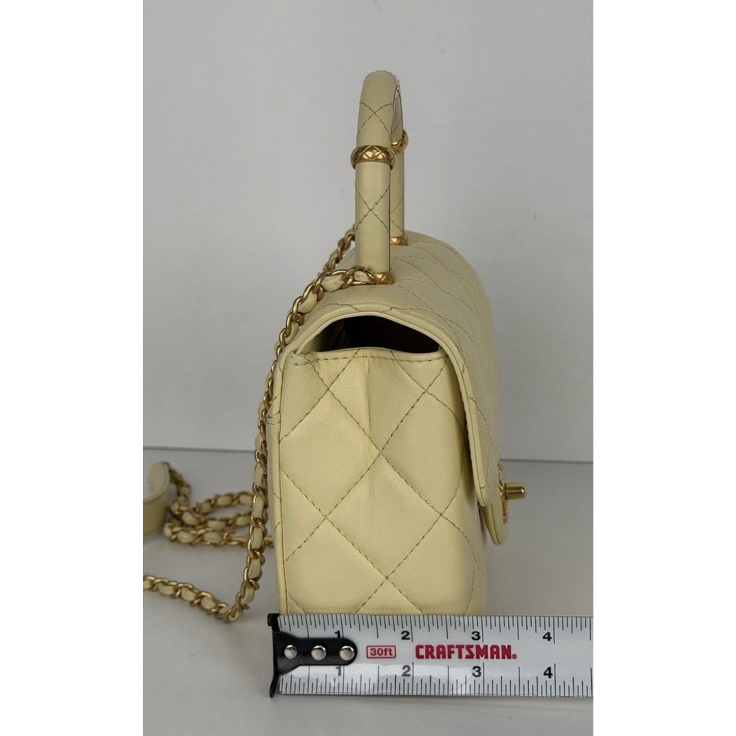 Chanel Crush Top Handle Mini Flap Bag in Pale Yellow or Ivory Leather D5