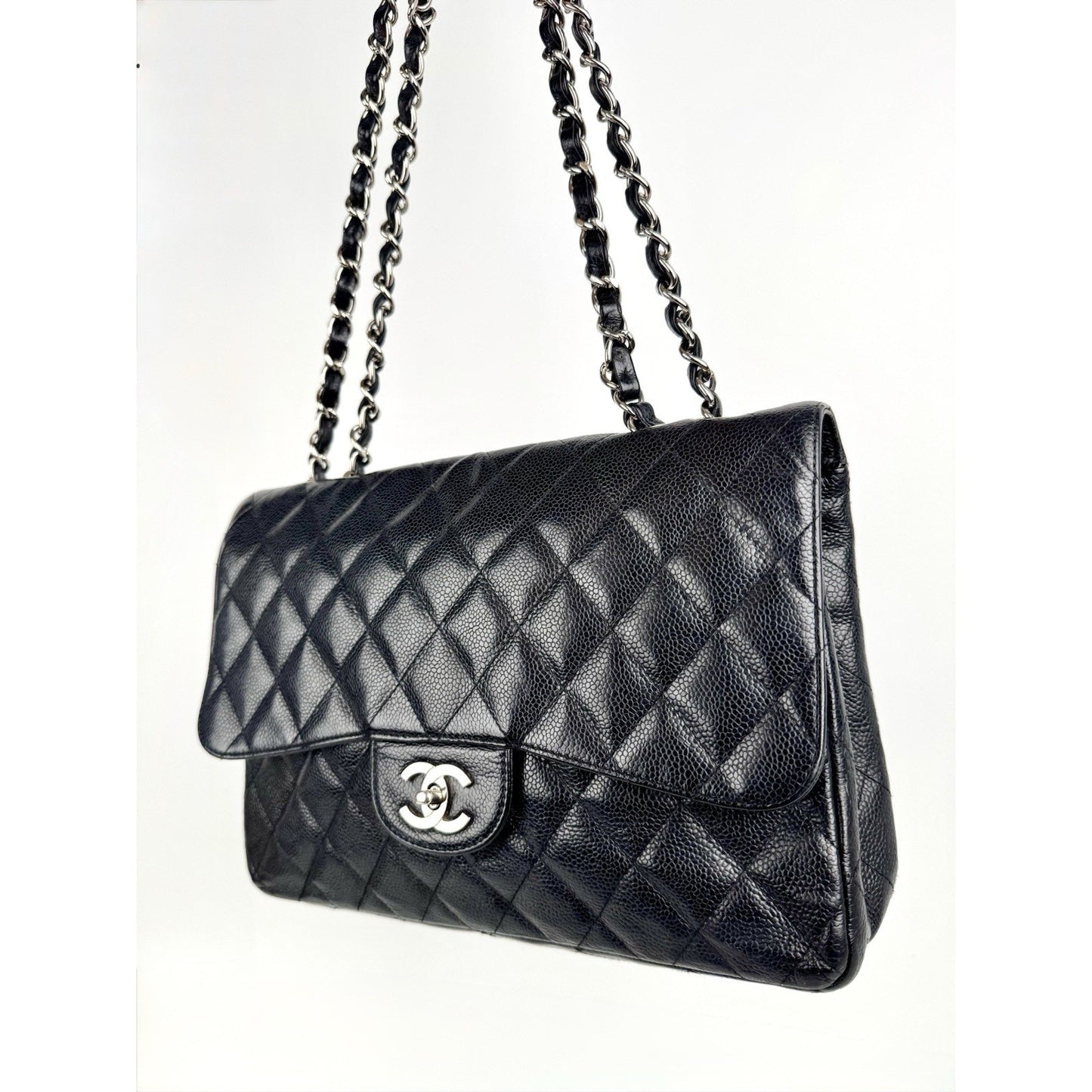 Chanel Jumbo Classic Single Flap Bag in Black Caviar Leather w Silver Hardware