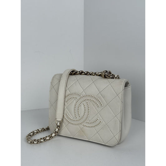 CHANEL White Lambskin Quilted Studded Beauty Begins Flap Shoulder Bag